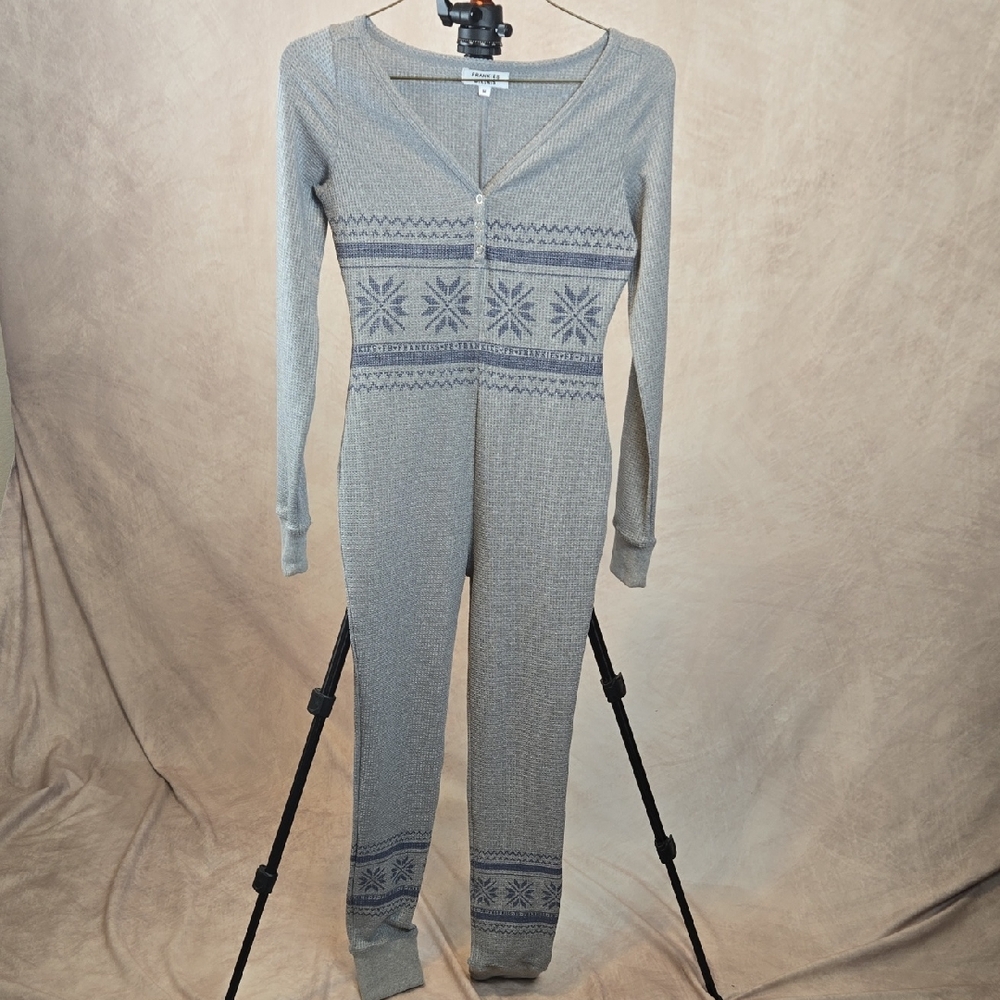 Frankie's Bikinis Gray Knit One-Piece Thermal Jumpsuit with Navy Fair Isle